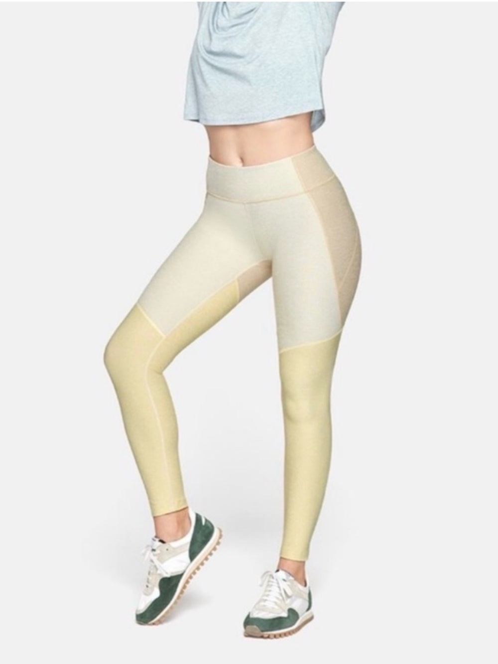 Outdoor Voices High-Waist Colorblock Leggings in Pale Yellow and Cream